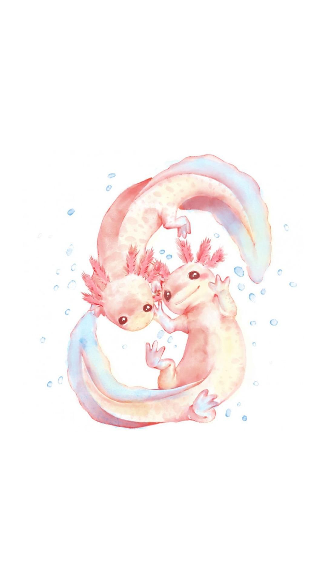 A watercolor drawing of two cute little lizards - Axolotl