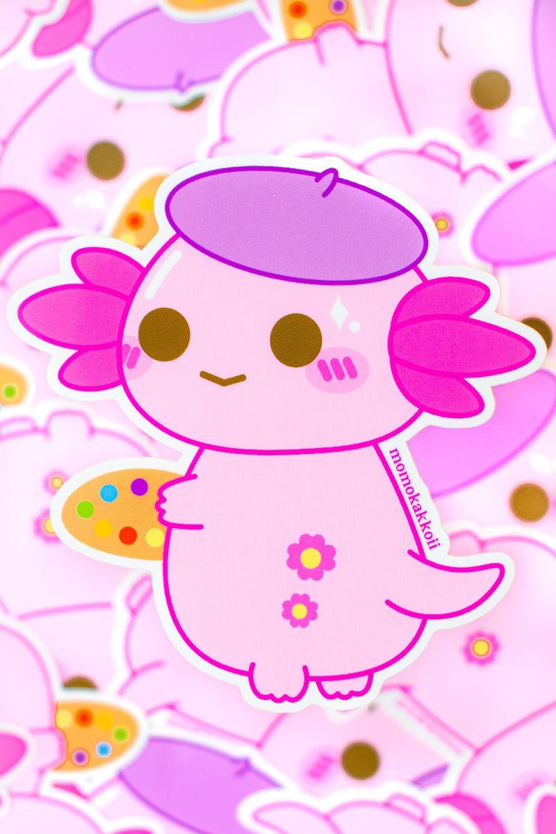 A sticker of a cute pink axolotl with purple hair and a flower on its back. - Axolotl