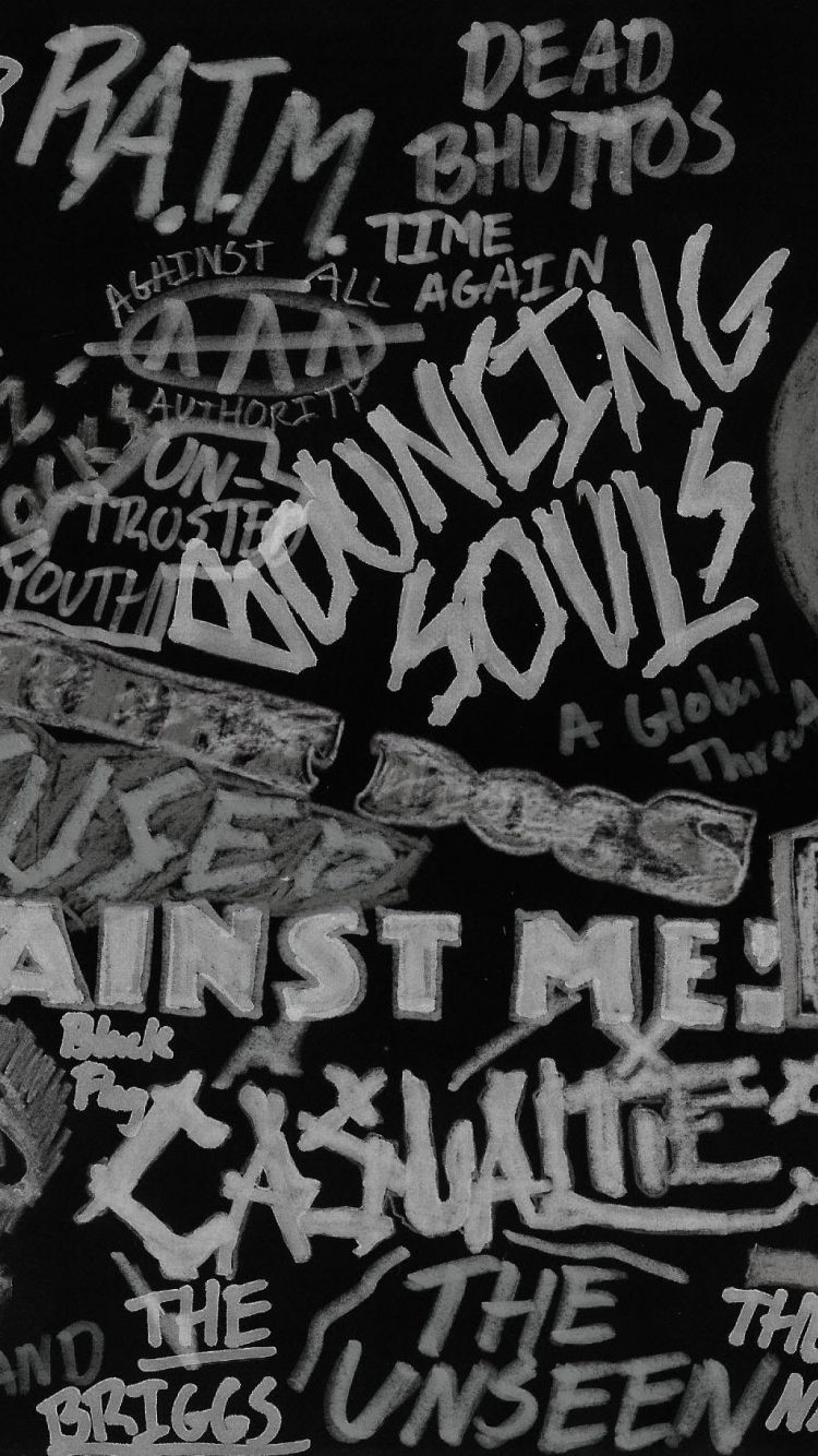 A black and white poster with many different words written on it - Punk