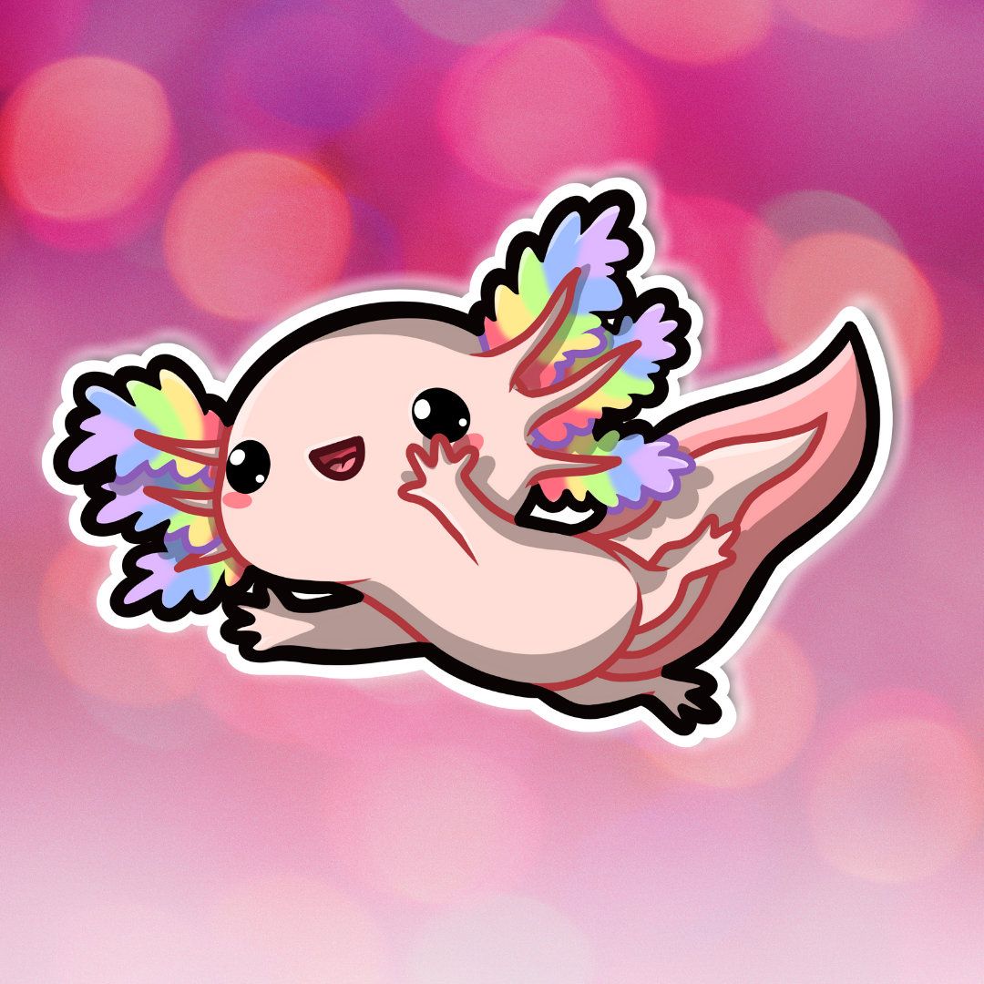 A sticker of a kawaii axolotl with rainbow flowres on its back - Axolotl