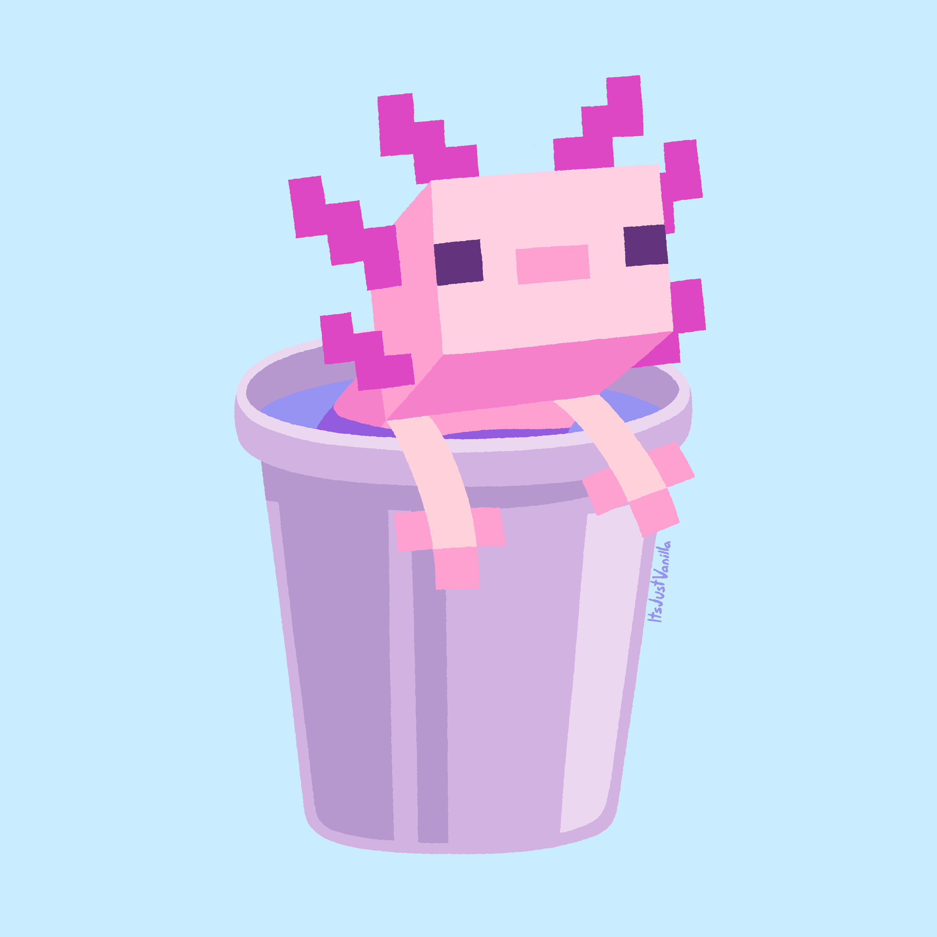 A pink creature is sitting in the bottom of an empty bucket - Axolotl