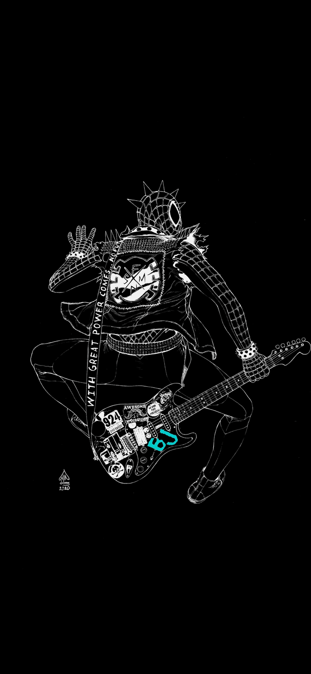 Black background with a line art of a samurai playing a guitar - Punk