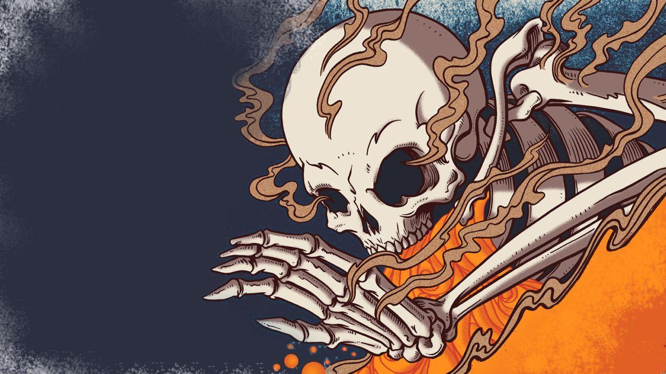 A skeleton hand holding a knife, with flames around it - Rock