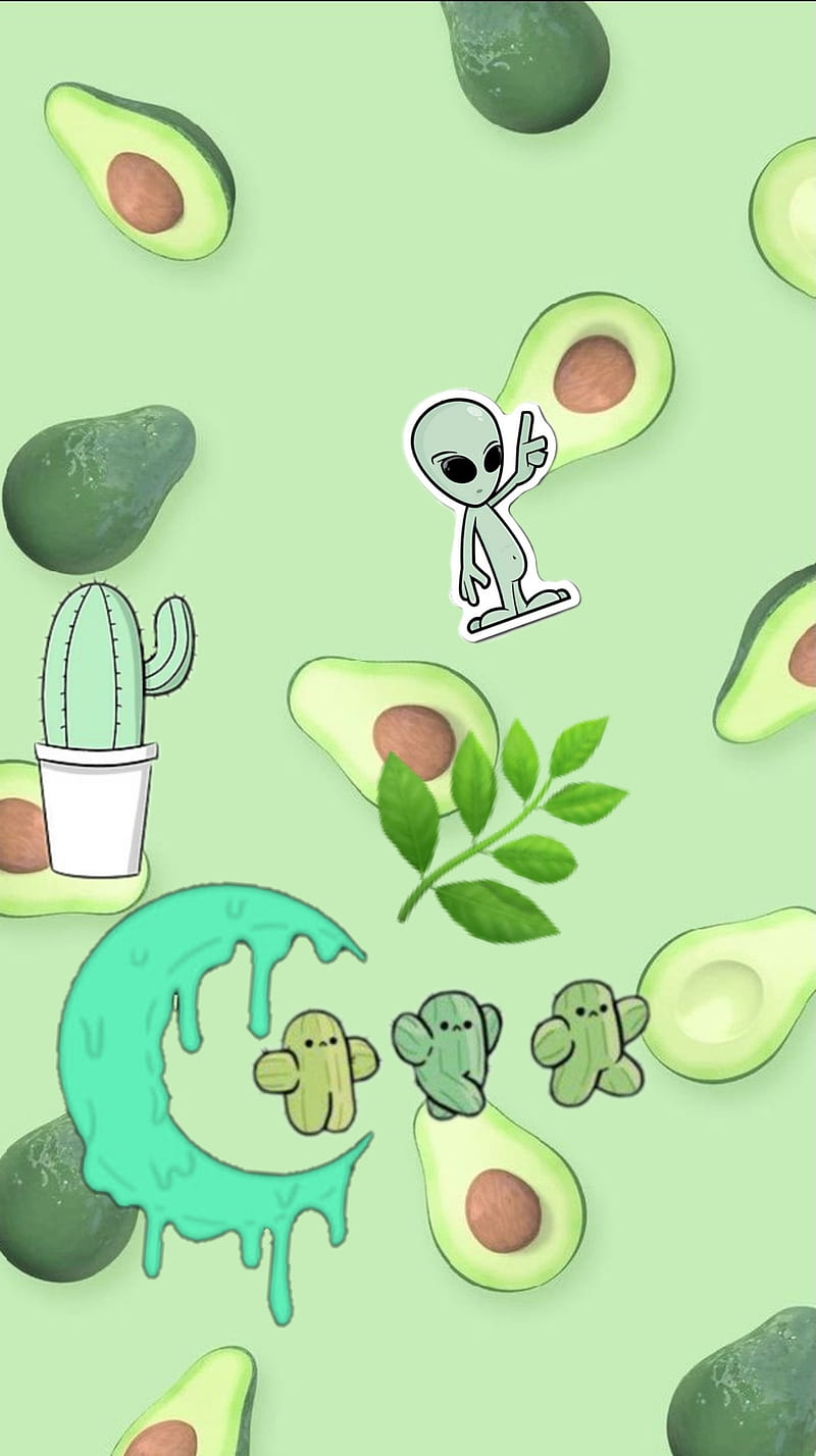 Green background cute phone backgrounds avocado stickers on the side - Green, sage green, alien