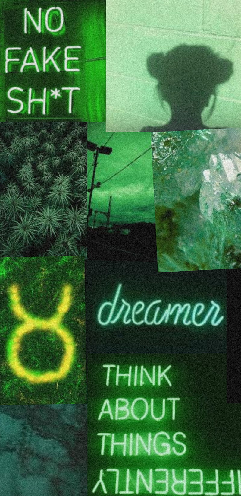 A collage of green aesthetic pictures including neon signs, plants, and a zodiac sign. - Neon green, green, lime green, Taurus