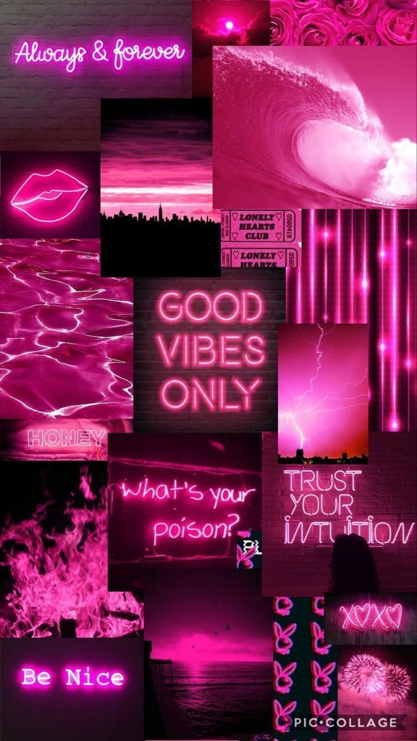 A collage of pink pictures with the words good vibes only - Pink, neon, pink phone, baddie, HD, cute pink, hot pink, neon pink, light pink, soft pink, warm, pink collage