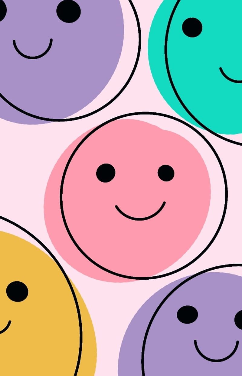 A pattern of smiley faces in different colors - Pink, pink phone, smile, light yellow, Smiley