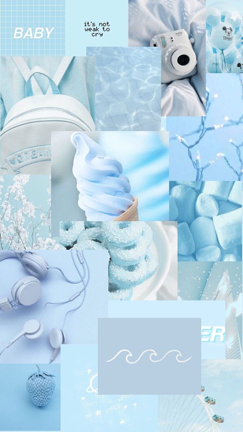 Aesthetic blue background with polaroids, sweets, and ice cream - Blue, light blue