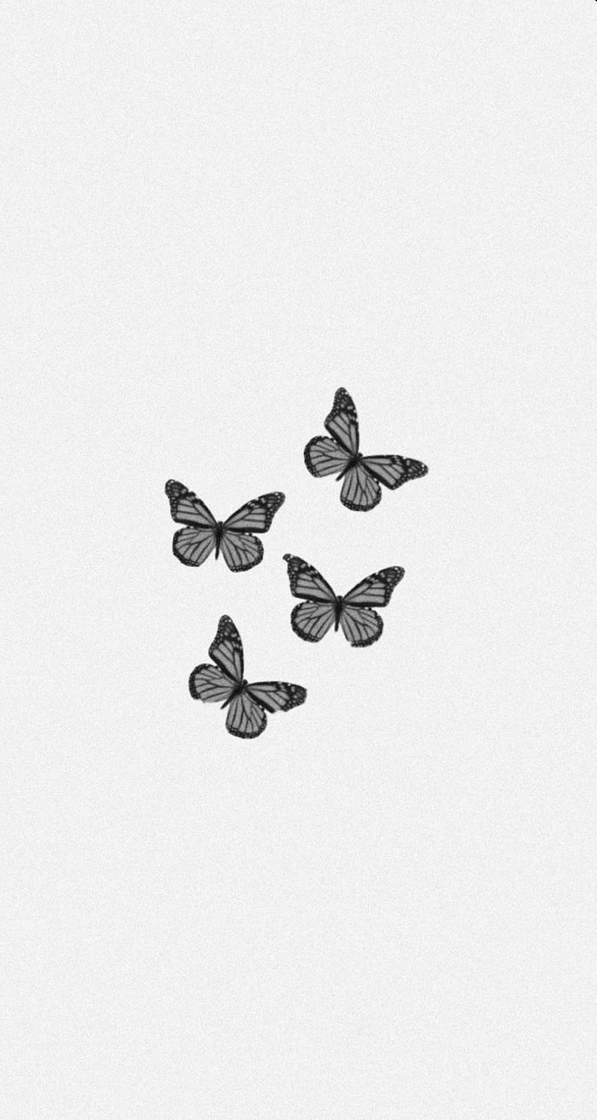A black and white drawing of three butterflies - White