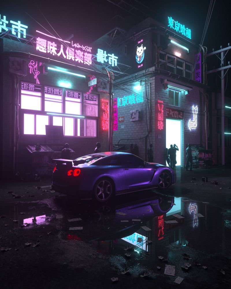 A cyberpunk city street at night with a purple sports car parked in front of a building - JDM