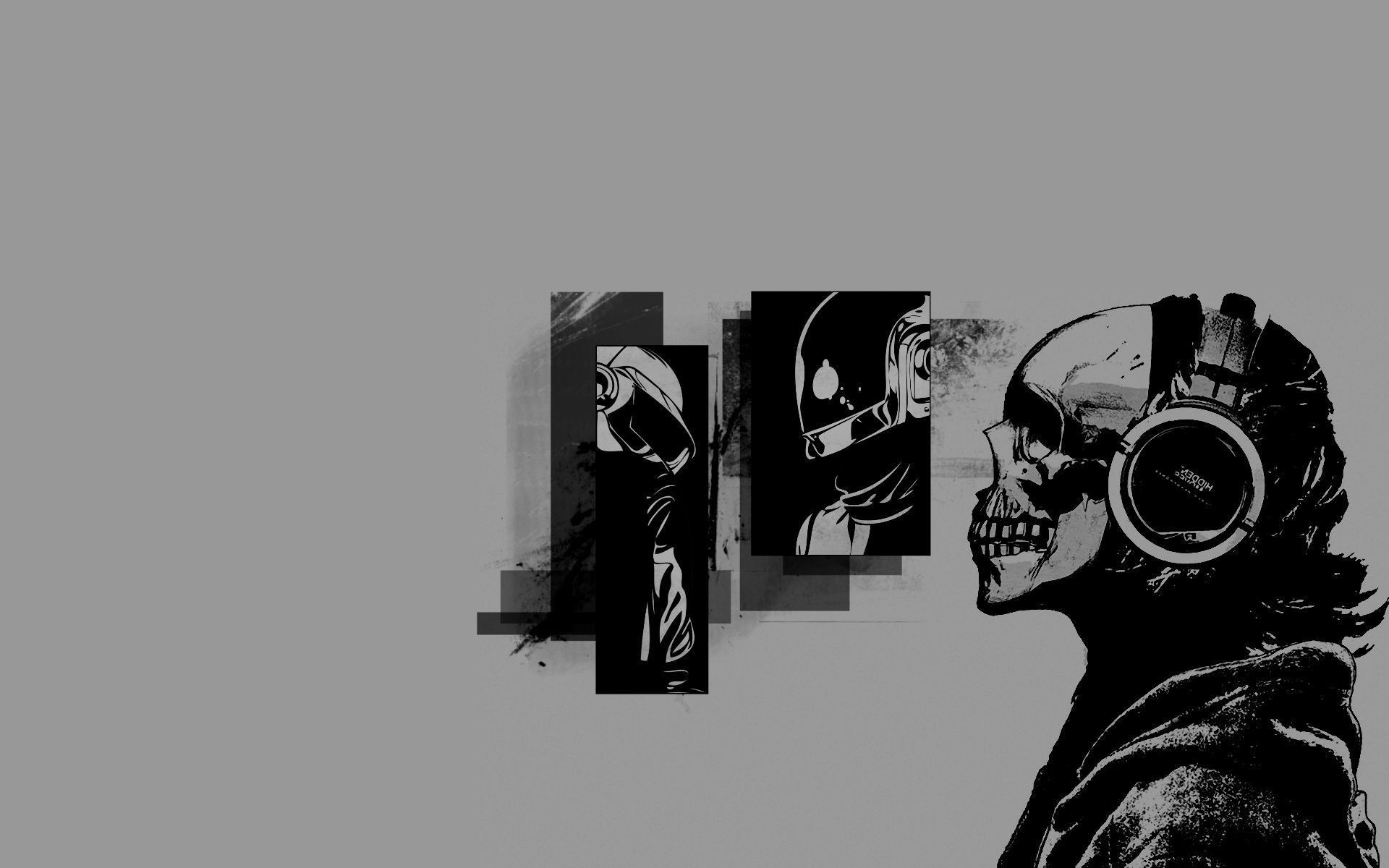 Skull with headphones, music, abstract, art, black and white - Punk