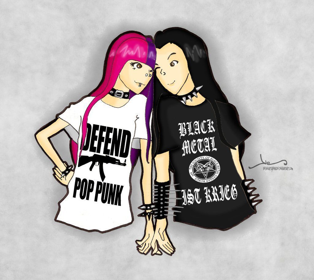 A couple of people with pink hair and black shirts - Punk