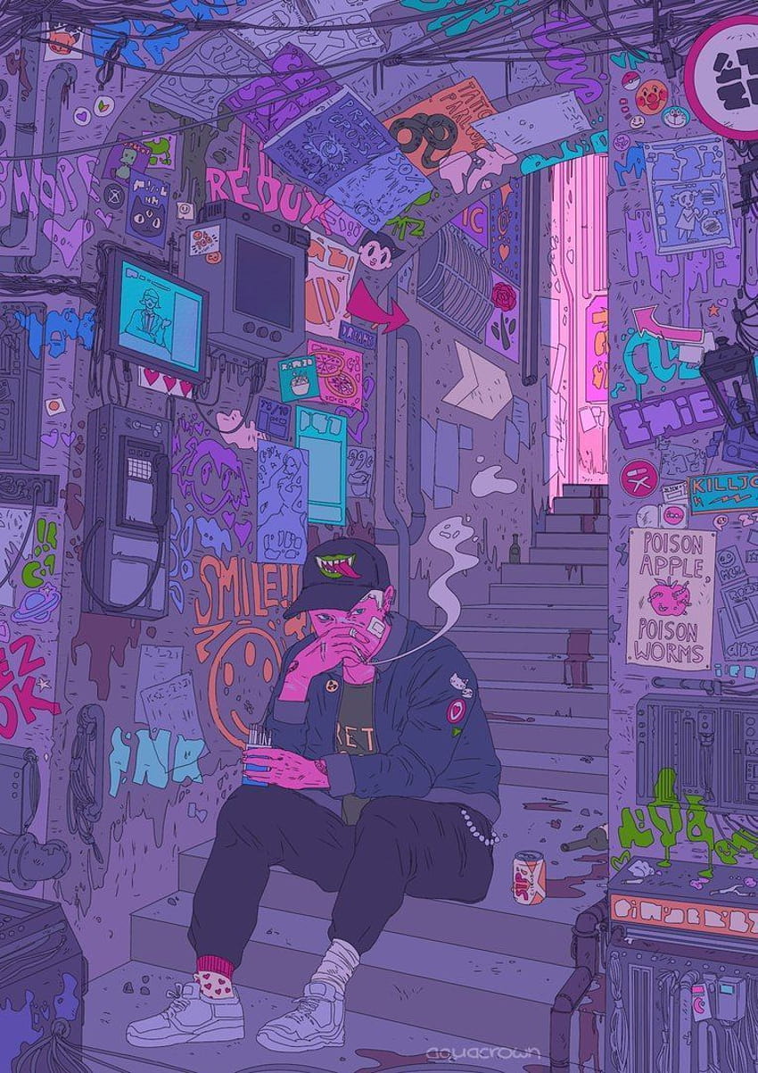 A man sitting on steps with a lot of graffiti - Illustration, art