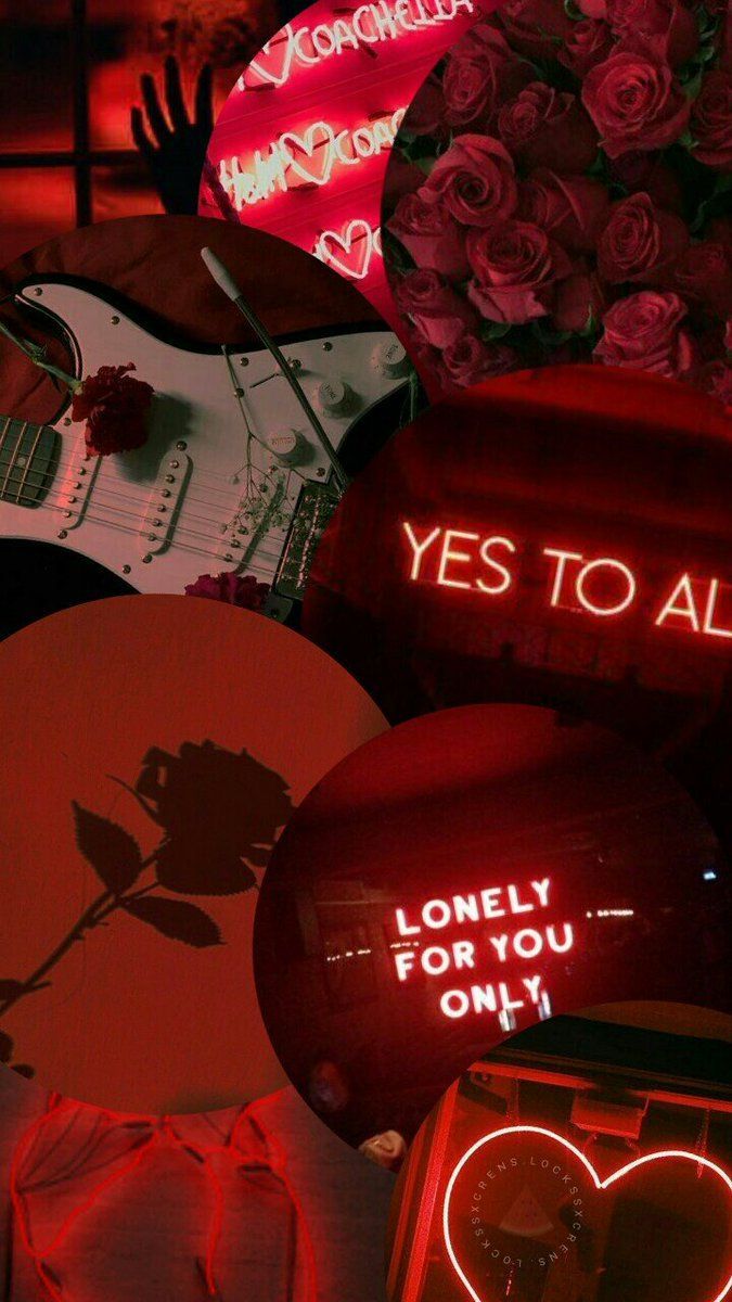 Aesthetic red wallpaper for phone with a guitar, roses, and a neon sign - Grunge, punk