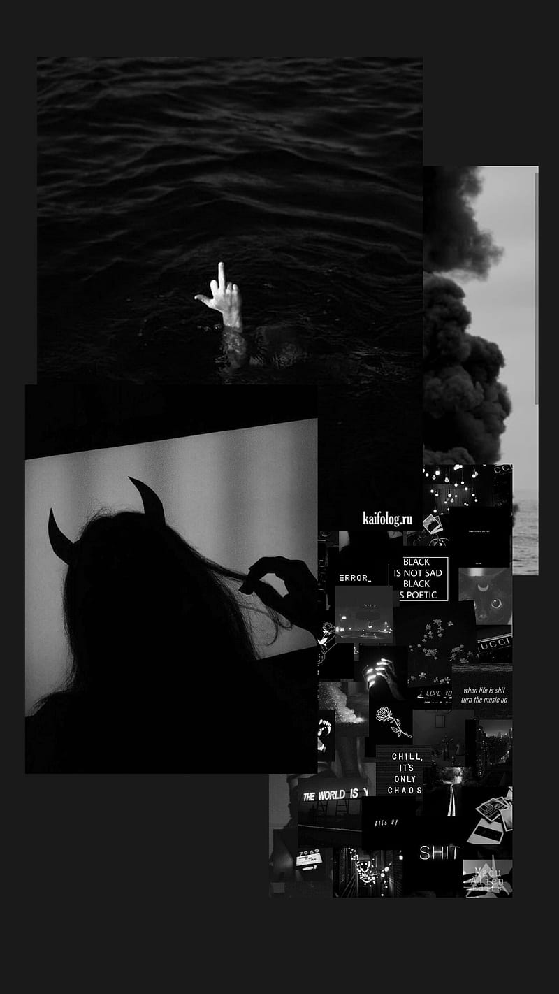 Aesthetic black background for phone with pictures of the sea, smoke, hands, horns, etc. - Dark phone, black, black phone