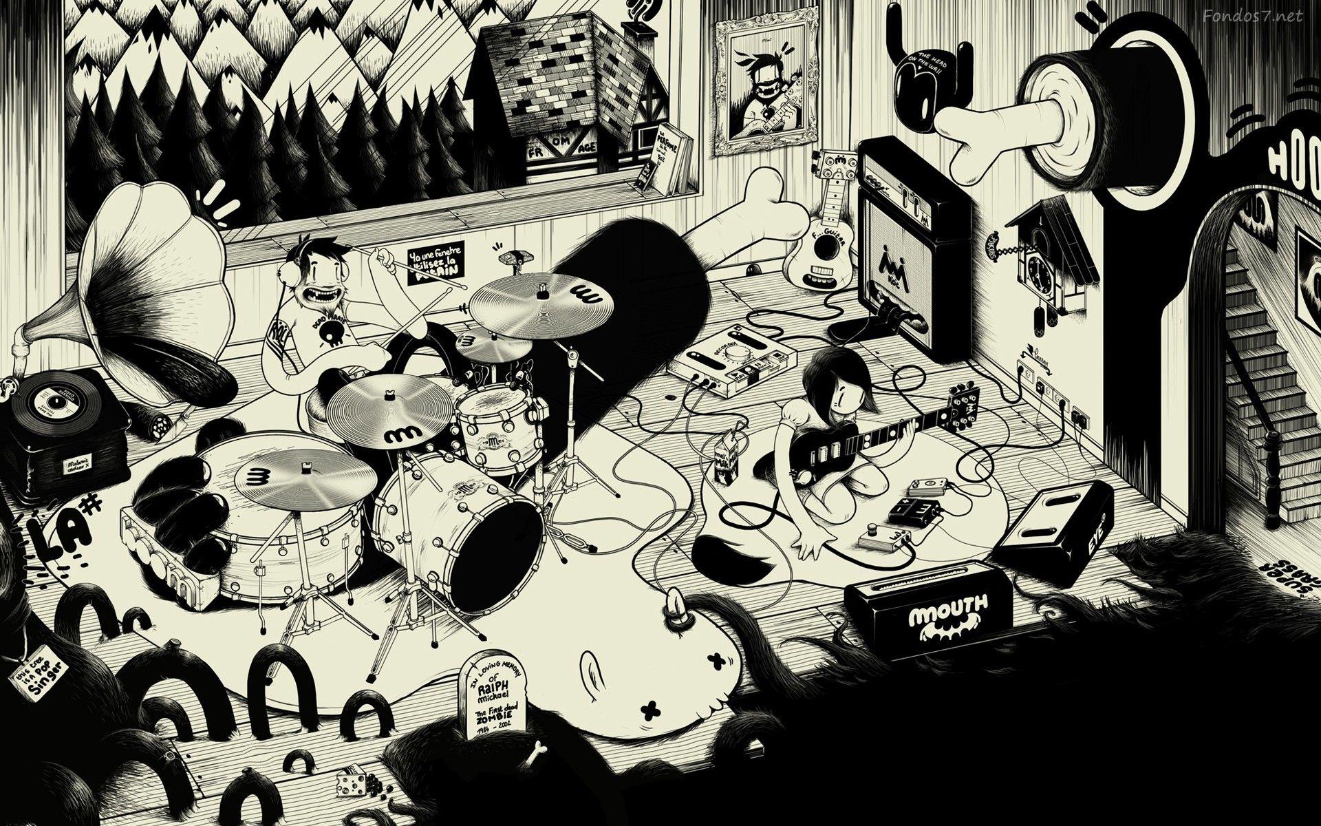The illustration is a black and white ink drawing of a room with a band playing. The room is filled with various objects such as a TV, a clock, a bookshelf, a gramophone, a suitcase, a guitar, a drum set, a keyboard, a microphone, a picture frame, a bottle, a cup, a vase, a clock, a TV, a book, a pencil, a pen, a clock, a bottle, a cup, a vase, a clock, a TV, a book, a pencil, a pen, a clock, a bottle, a cup, a vase, a clock, a TV, a book, a pencil, a pen, a clock, a bottle, a cup, a vase, a clock, a TV, a book, a pencil, a pen, a clock, a bottle, a cup, a vase, a clock, a TV, a book, a pencil, a pen, a clock, a bottle, a cup, a vase, a clock, a TV, a book, a pencil, a pen, a clock, a bottle, a cup, a vase, a clock, a TV, a book, a pencil, a pen, a clock, a bottle, a cup, a vase, a clock, a TV, a book, a pencil, a pen, a clock, a bottle, a cup, a vase, a clock, a TV, a book, a pencil, a pen, a clock, a bottle, a cup, a vase, a clock, a TV, a book, a pencil, a pen, a clock, a bottle, a cup, a vase, a clock, a TV, a book, a pencil, a pen, a clock, a bottle, a cup, a vase, a clock, a TV, a book, a pencil, a pen, a clock, a bottle, a cup, a vase, a clock, a TV, a book, a pencil, a pen, a clock, a bottle, a cup, a vase, a clock, a TV, a book, a pencil, a pen, a clock, a bottle, a cup, a vase, a clock, a TV, a book, a pencil, a pen, a clock, a bottle, a cup, a vase, a clock, a TV, a book, a pencil, a pen, a clock, a bottle, a cup, a vase, a clock, a TV, a book, a - Punk