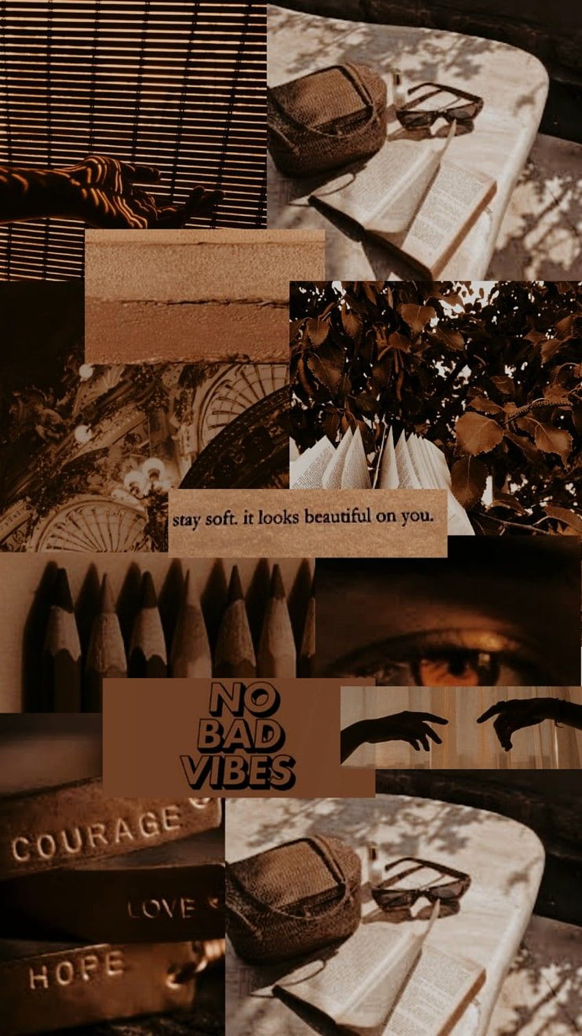 Aesthetic collage of sepia photos with a book, flowers, and a quote. - Light brown, brown