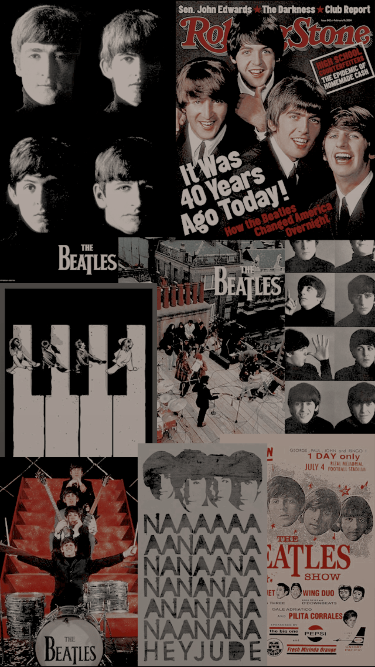 A collage of The Beatles images including photos, advertisements, and newspaper clippings. - Rock