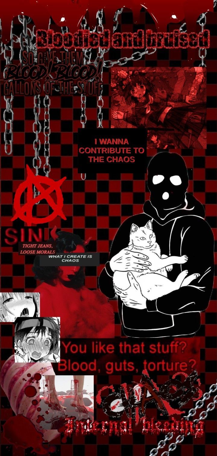 Red and black anime aesthetic wallpaper with chains, anarchy symbol, and a man holding a cat. - Punk