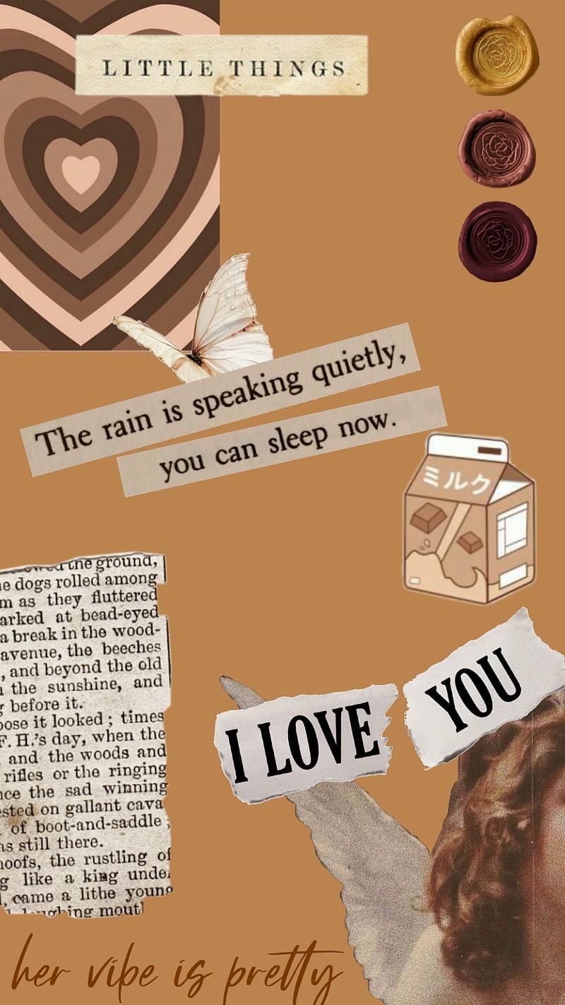 A collage of brown and white images including a heart, a butterfly, and the words 