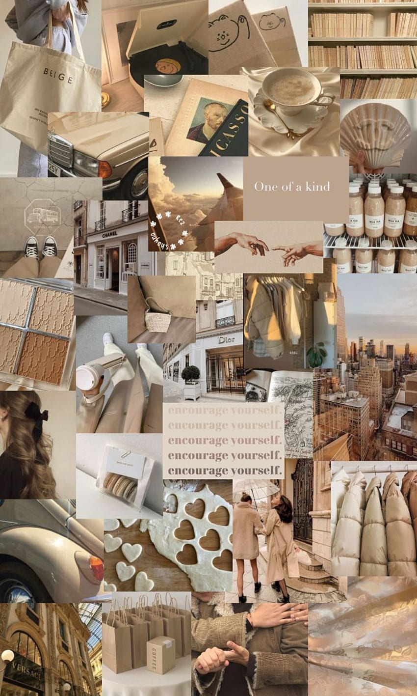 A collage of pictures with different items in them - Brown, light brown, light academia