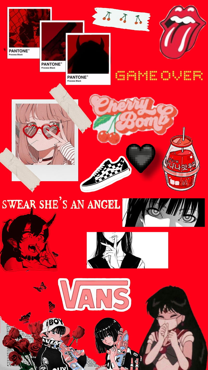 Aesthetic red background with anime characters, cherry bomber logo, vans, and other random things. - Red