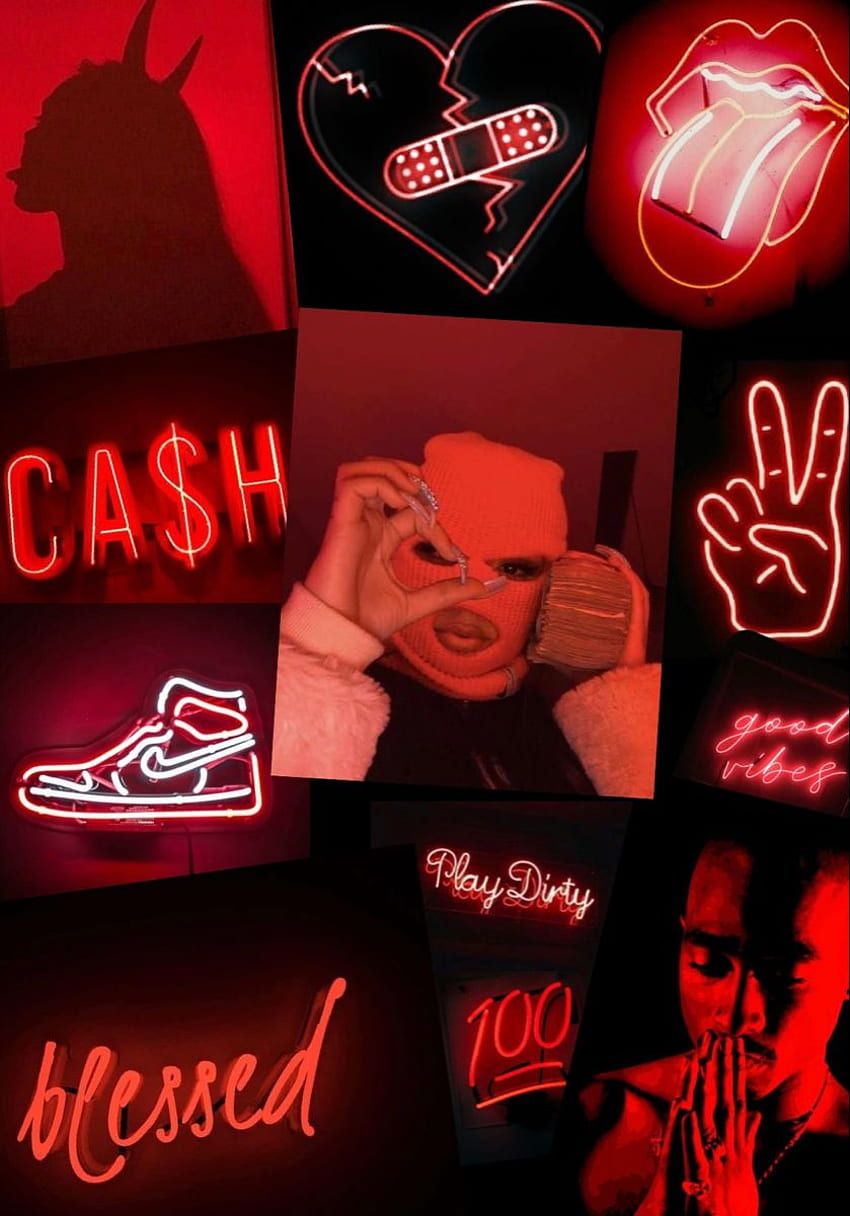 Red aesthetic background with neon signs and a collage of photos - Red, neon red