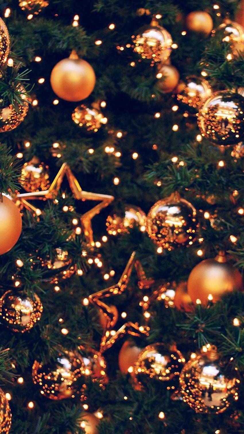 Christmas tree with gold ornaments and stars - Christmas, Christmas lights