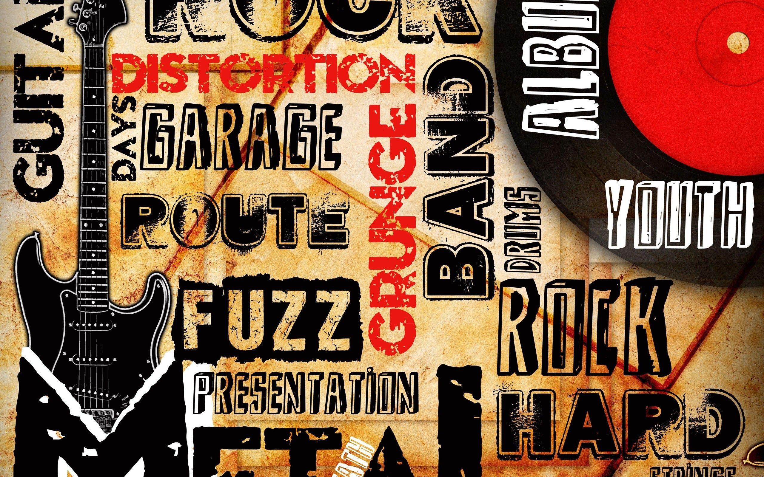 Rock music wallpaper with a guitar and music related words - Rock