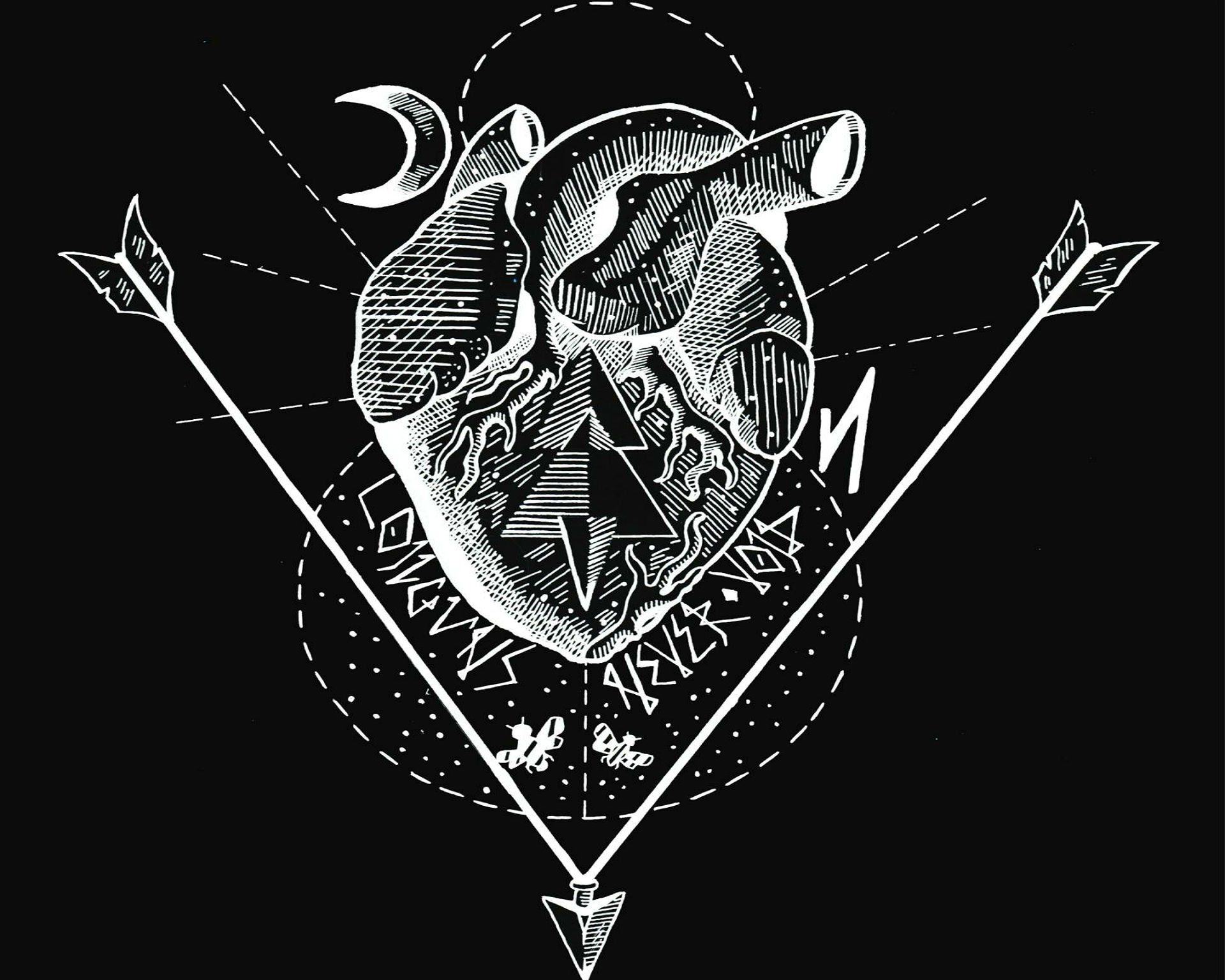 A black and white graphic of a heart with geometric shapes around it - Punk