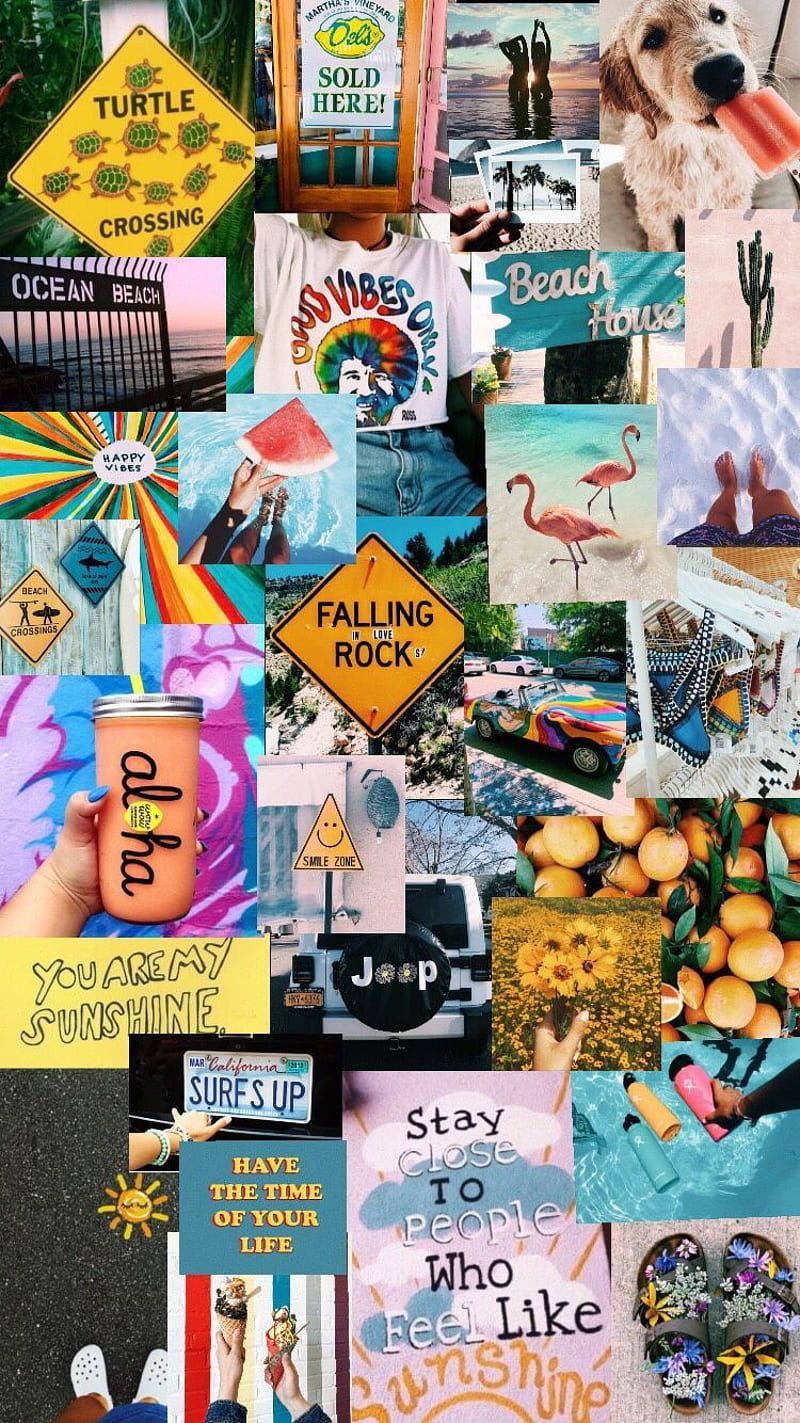A collage of pictures with different words on them - Summer, sunshine, collage, June, July, VSCO