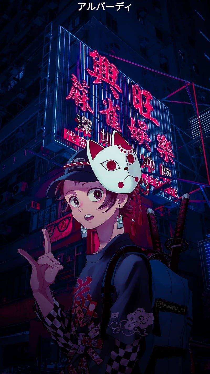 Demon Slayer anime phone wallpaper of Nezuko standing in front of a neon sign in the city - Punk, Tanjiro Kamado