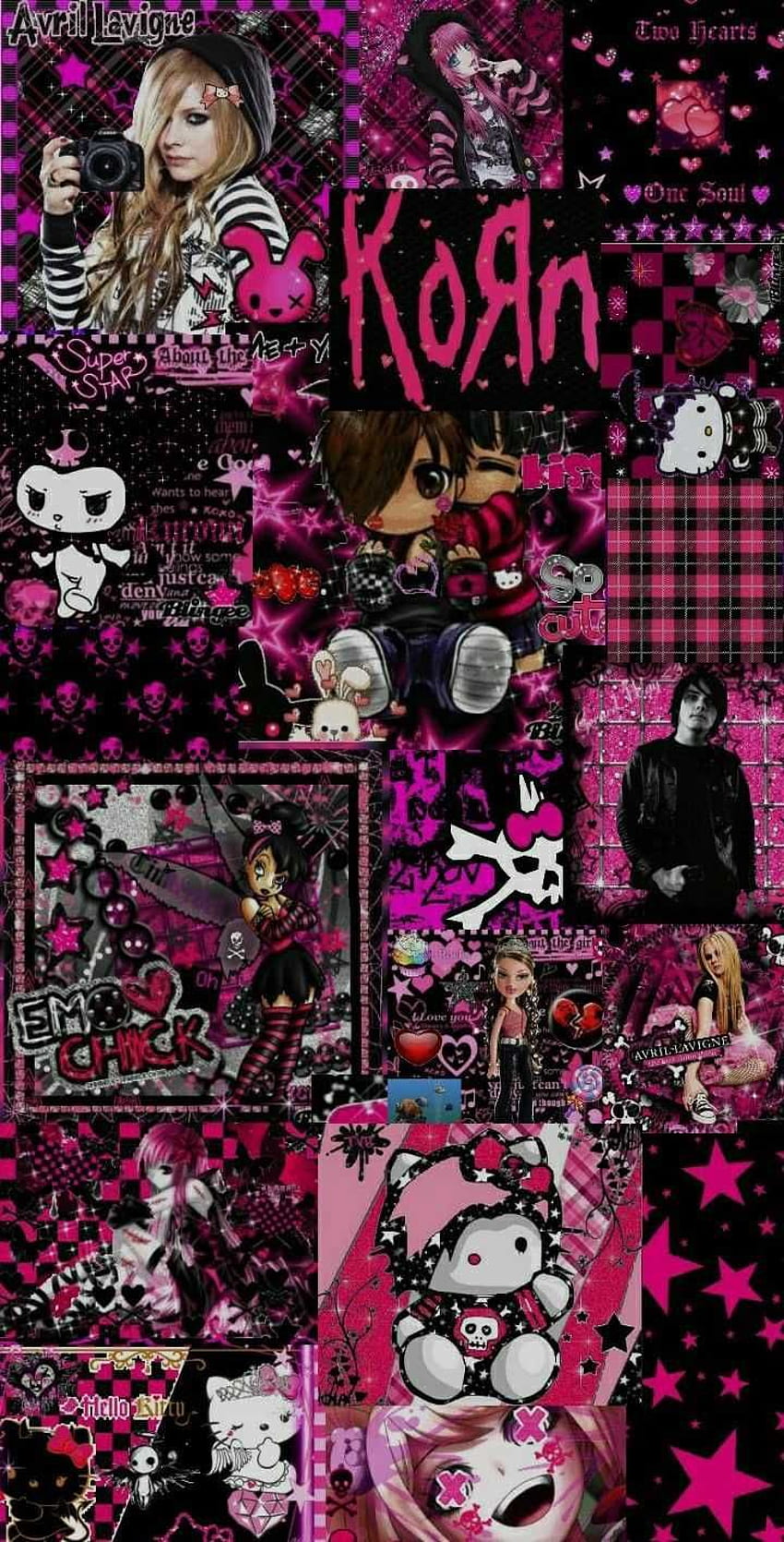 A collage of various pink and black characters - Hello Kitty, emo, gothic