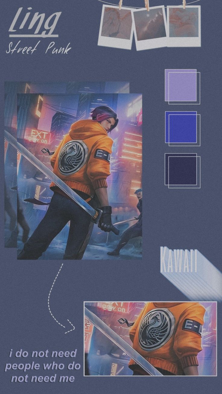 A collage of Ling from Street Fighter, with a blue background and purple and blue squares. - Punk