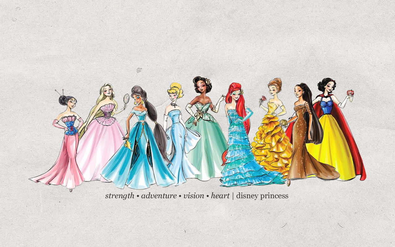 A group of disney princesses in different dress styles - Princess