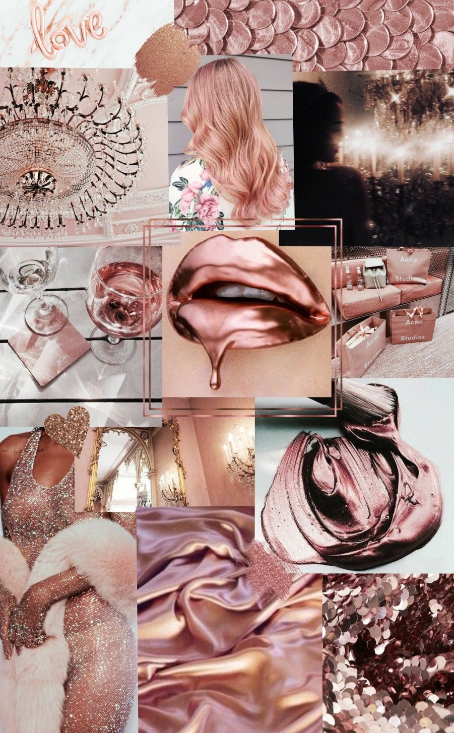 A collage of pictures with pink and gold - Rose gold