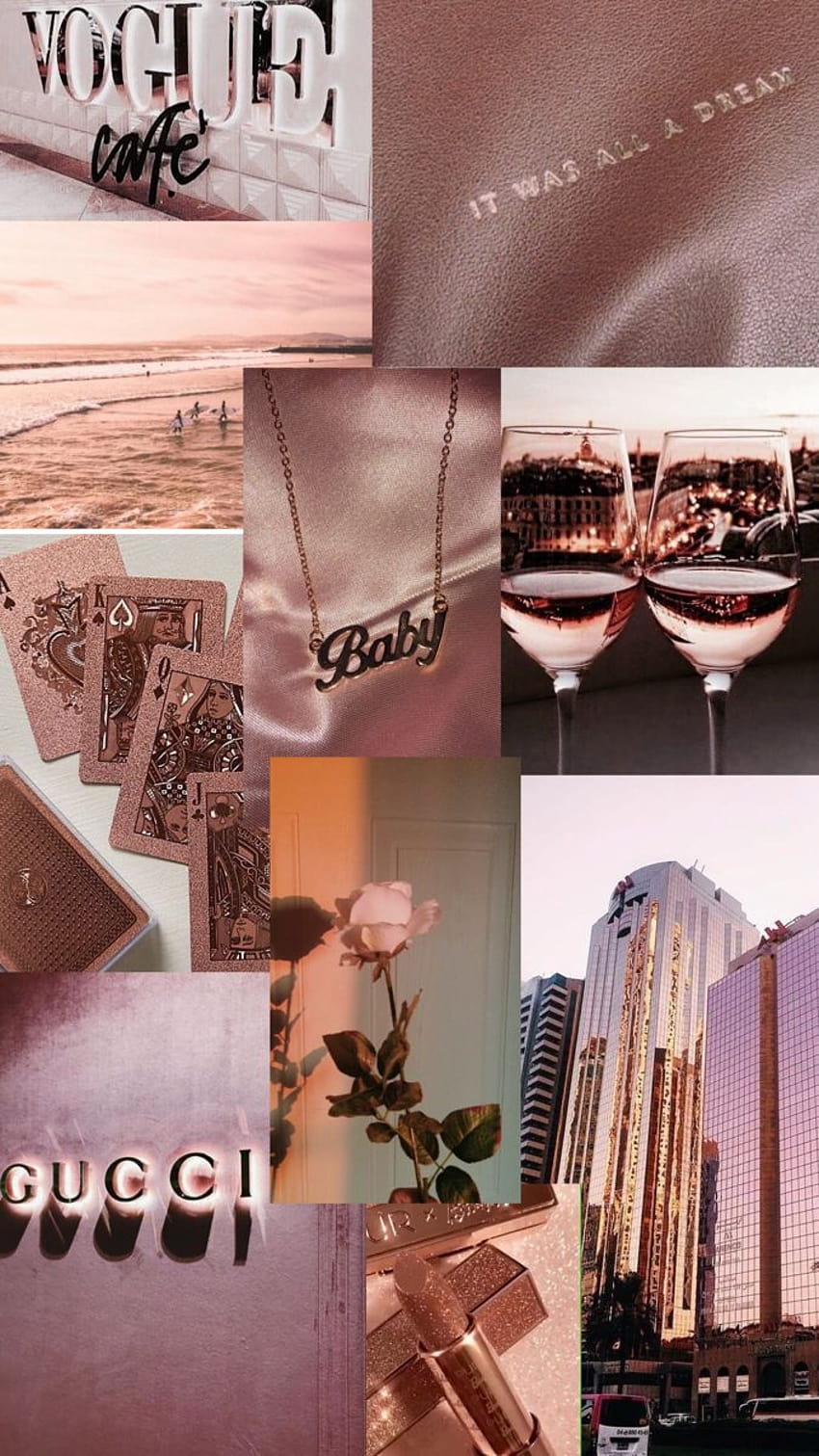 A collage with photos of roses, wine glasses, and the word 