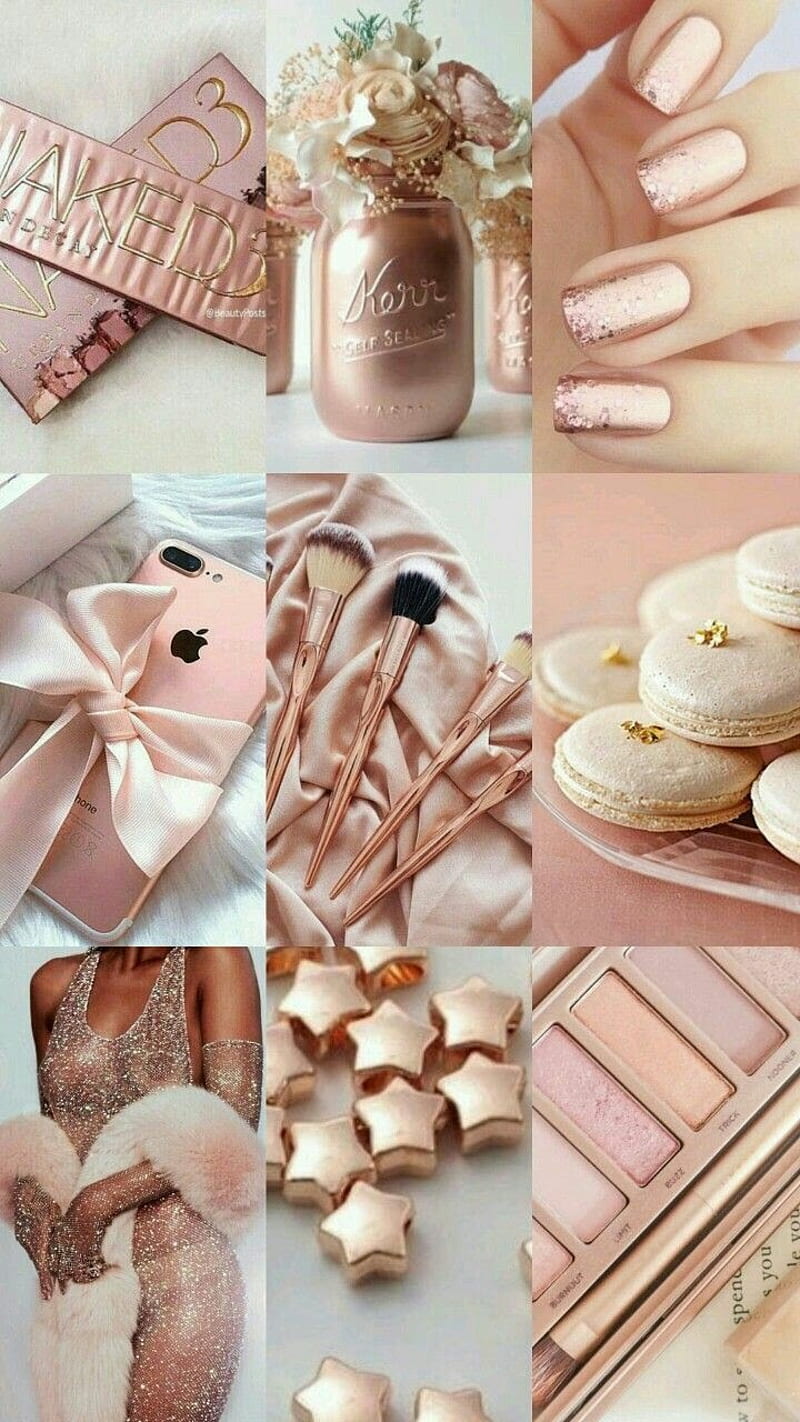 A collage of different pink and gold makeup products - Rose gold, nails, makeup
