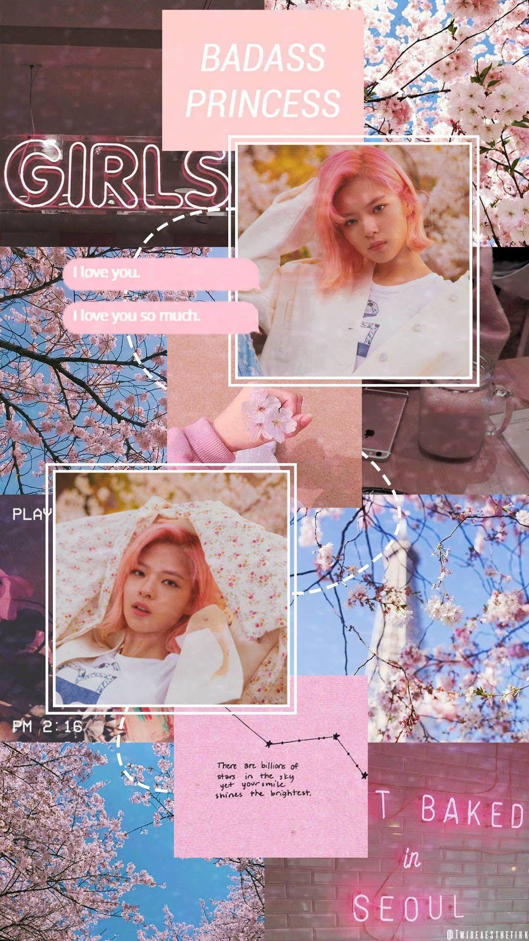 Aesthetic pink phone background with images of TXT, Blackpink, and other K-Pop groups - Princess