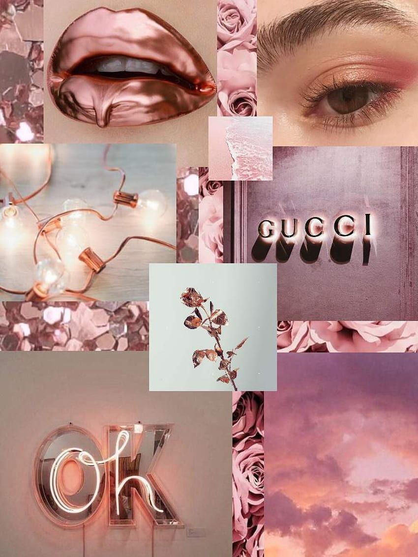 A collage of pink and red with the words gucci, ok - Rose gold, Gucci, lips