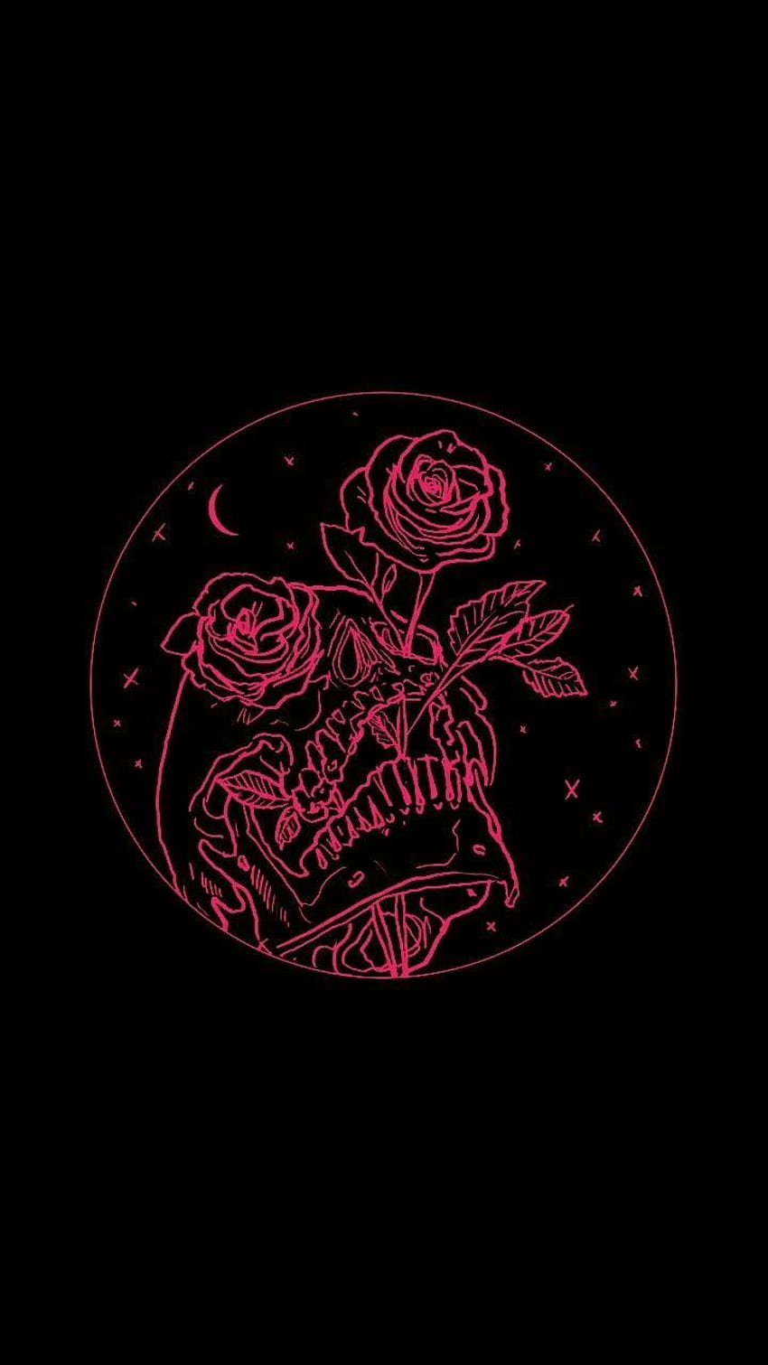 Pink neon aesthetic wallpaper of a skull with roses - Skeleton, roses, skull