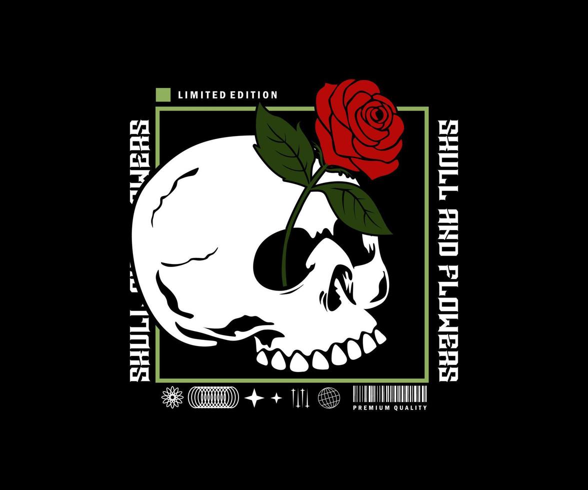 Skull and red rose t-shirt and apparel design - Skeleton