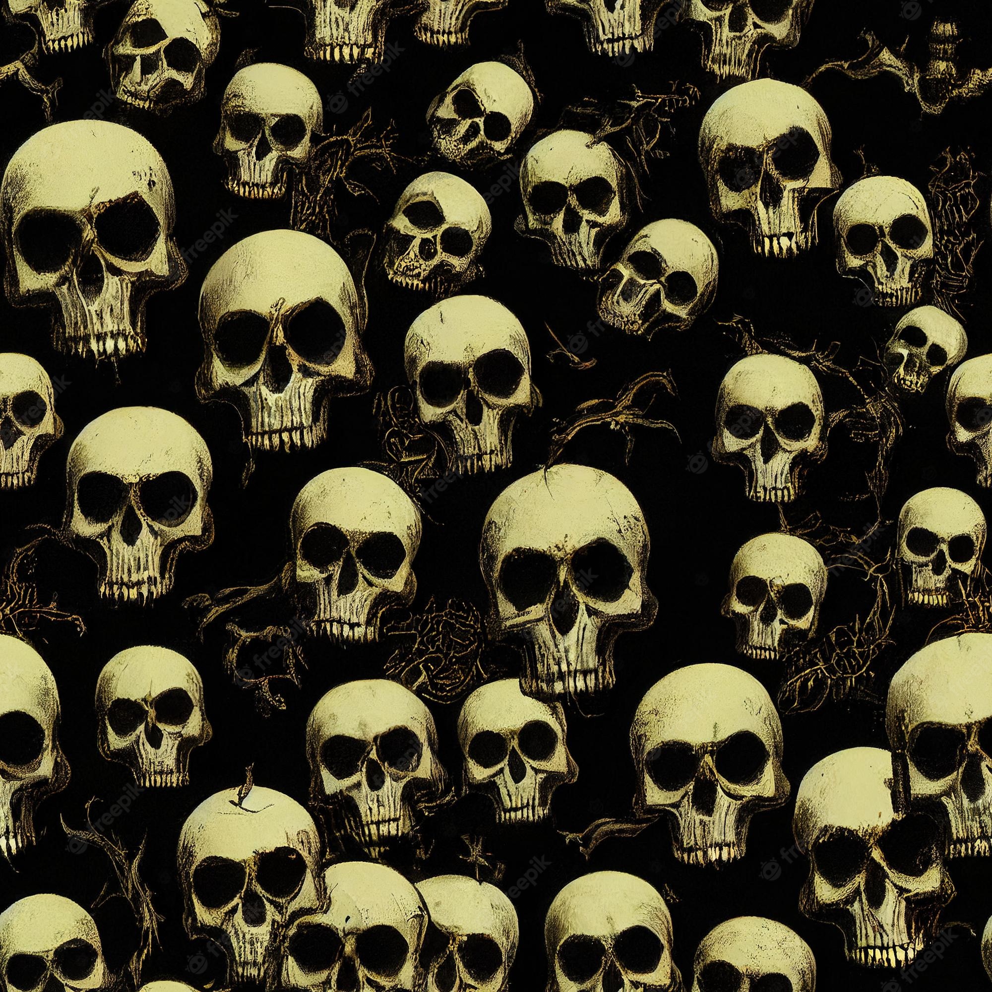 A pattern of many skulls in rows on a black background - Skeleton