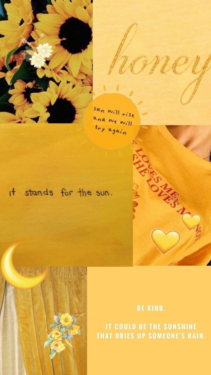 A collage of yellow aesthetic pictures including sunflowers, a moon, and a yellow shirt that says 