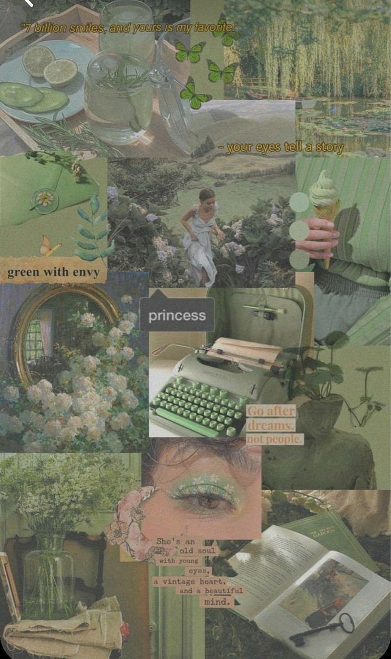 A collage of pictures with green and pink - Sage green
