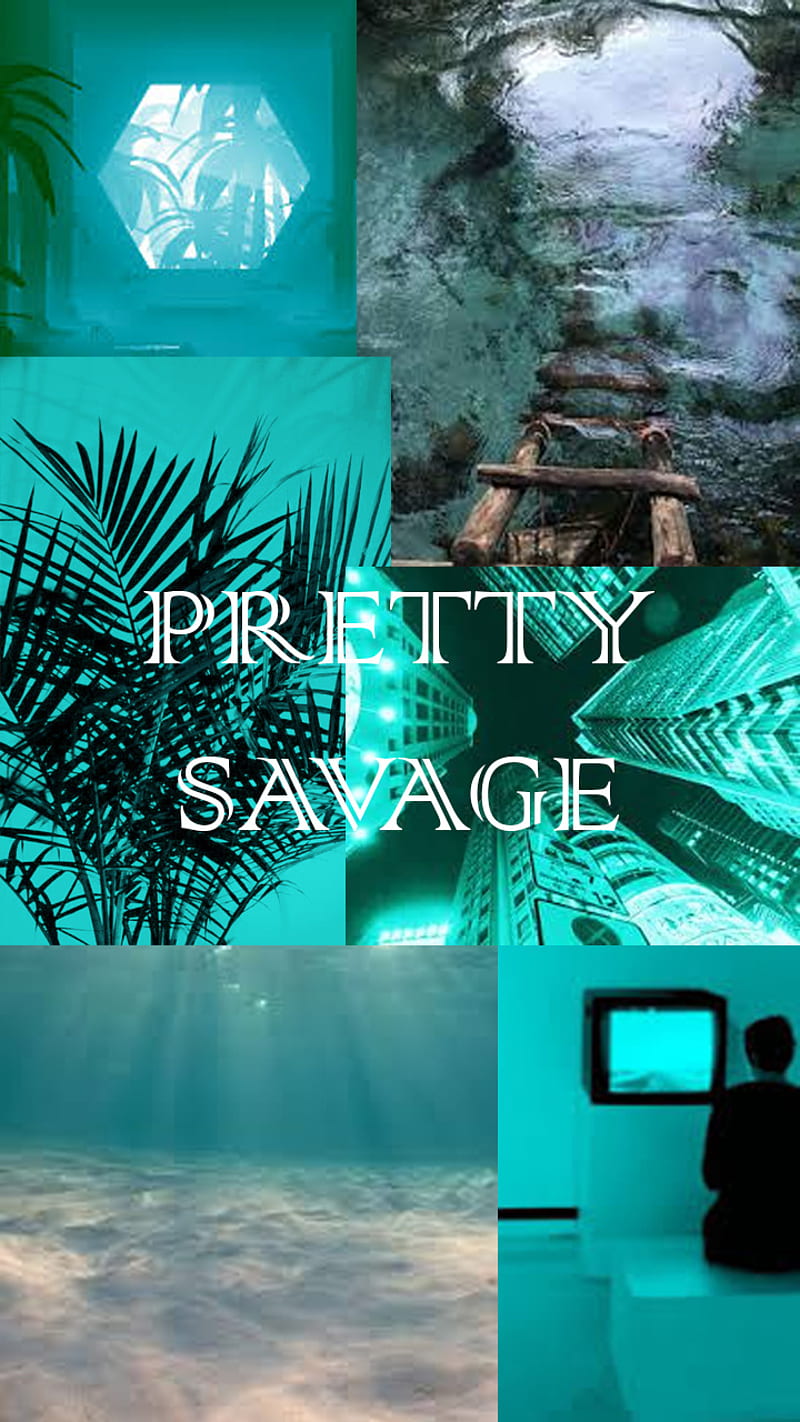A collage of images in blue hues, including palm trees, a city skyline, a man on a bridge, and a cave. - Teal, cyan