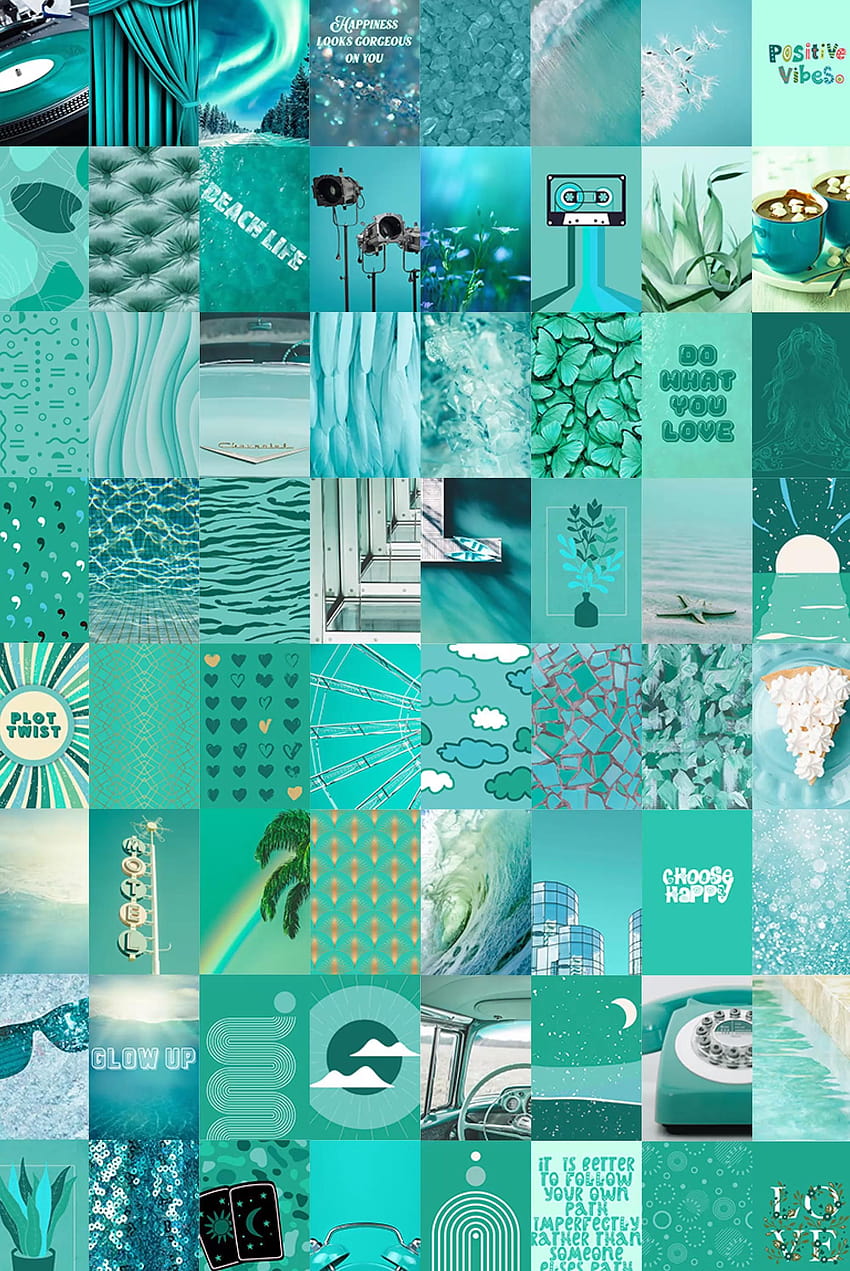 A collage of different blue and green aesthetic pictures. - Teal