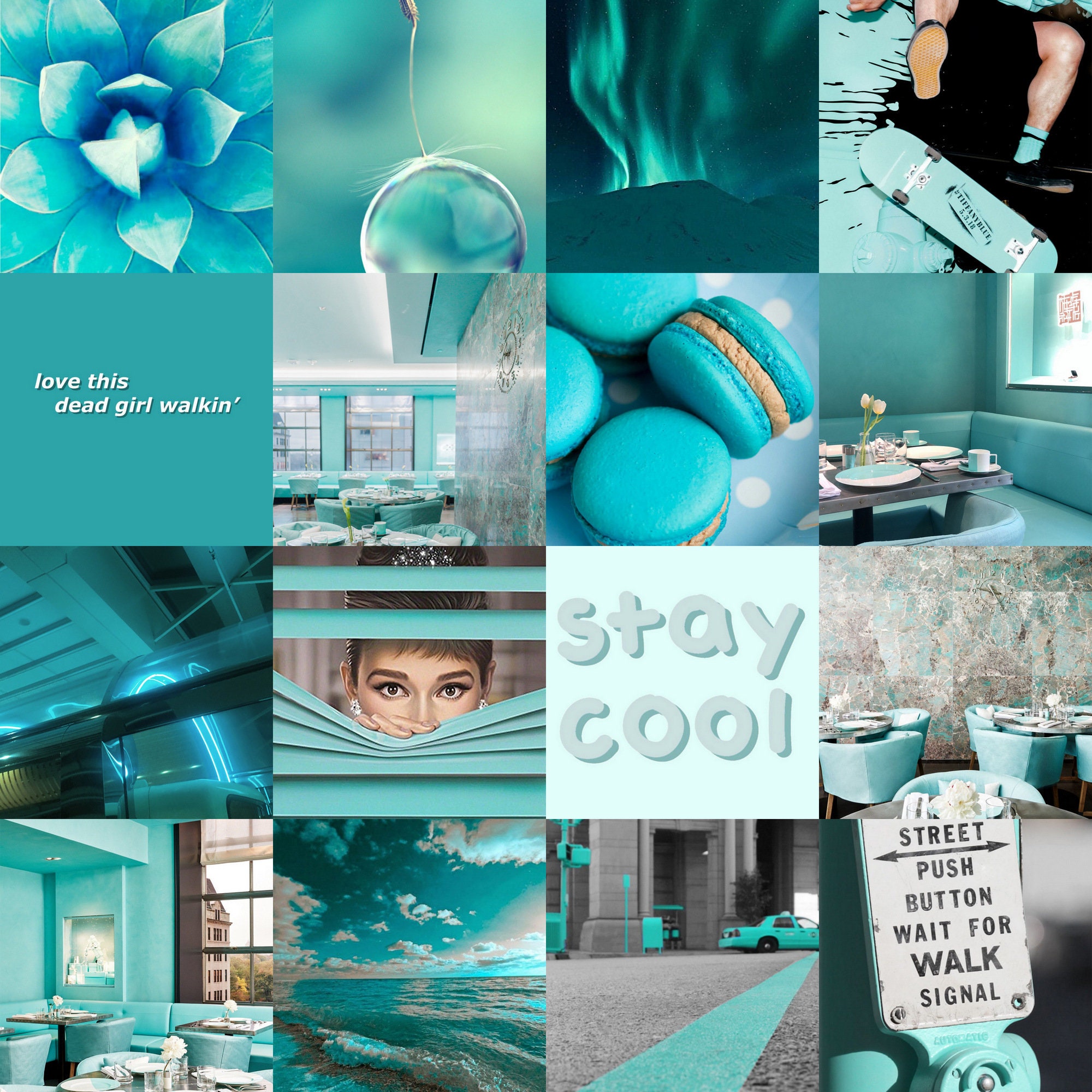 A mood board featuring various teal and blue aesthetic pictures. - Teal, aqua