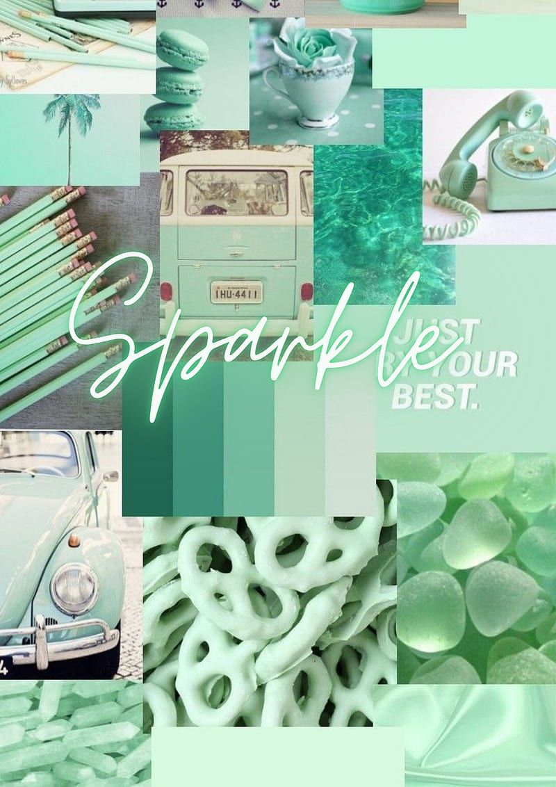 A collage of seafoam green and white images including an old van, phone, and other items. - Teal, turquoise