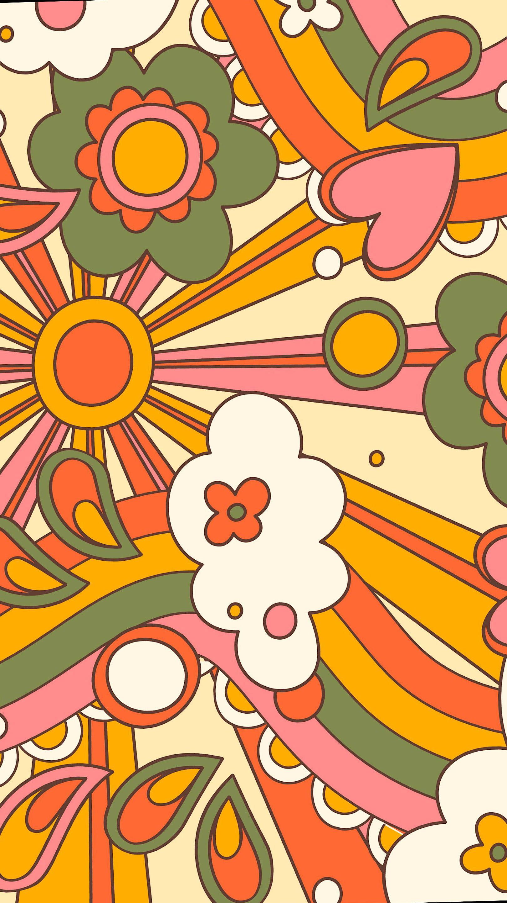 A colorful, psychedelic pattern with flowers and leaves - Sunshine, 70s, retro, 60s